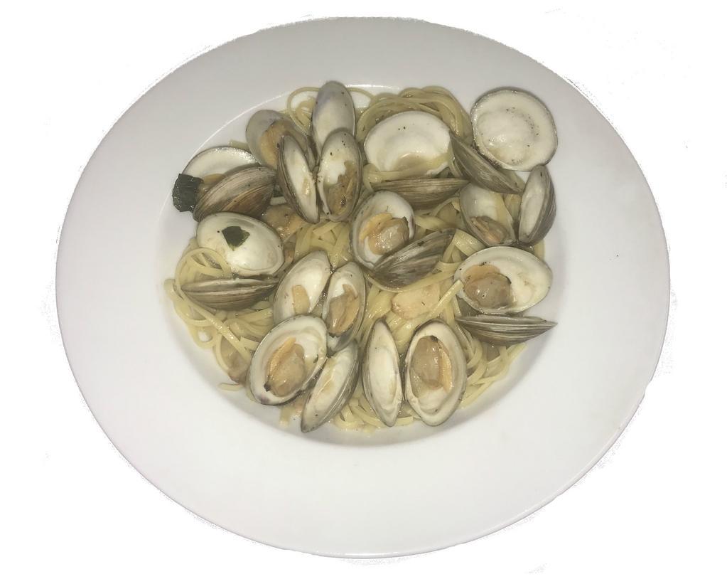 Linguine Clams · Steamed clams sauteed with garlic and olive oil in a white wine sauce or marinara. Served with choice of salad or soup.