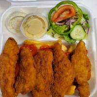 Chicken Fingers Platter · 4 pieces. Served with french fries, coleslaw and garlic bread.