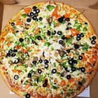 Vegetarian Pizza · Fresh green peppers, sliced Spanish onions, mushrooms, black olives, broccoli and tomatoes, ...