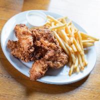 Chicken Strips · Lightly battered strips of chicken breasts with a side of french fries. Choice of sauce.