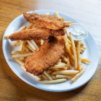 Fish and Chips · Strips of light breaded tilapia with a side of french fries.