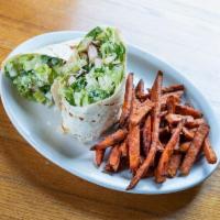 Chicken Caesar Wrap · Diced chicken breast, romaine, tomato, Parmesan, Caesar dressing, wrapped in a flour tortilla.