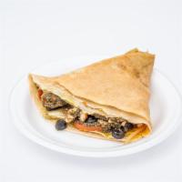 5. Chicken Pesto Crepe · Grilled chicken breast, melted cheddar cheese, grilled onions, olives, tomatoes, spinach and...