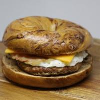 Bacon, Sausage, Egg & Cheese on a French Toast Bagel · Farm-fresh egg, natural Tillamook cheese, 65% lean Jonesfarm sausage patty, and Hormel bacon...