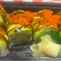  Phoenix Maki Roll · Shrimp tempura, cucumber, topped with avocado, masago, and eel sauce.