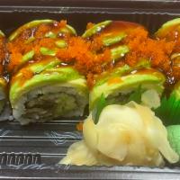  Green Dragon Maki Roll · Eel, cucumber, topped with avocado, masago, and eel sauce.