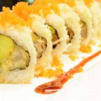 Crunch Roll · Shrimp tempura, avocado, topped with crunch, masago, and eel sauce.