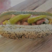 Hot Dog · All Beef Hot Dog (Chicago Red Hot) on Poppy Seed Bun. Your Choice of Hot Dog Toppings.