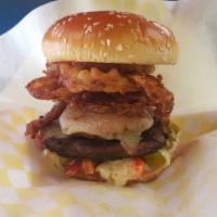 Fiesta Burger · 1/4 lb. Burger on Sesame Seed Bun with Pepper Jack Cheese, Hot Giardiniera, Mayo, 2 Cheddar ...