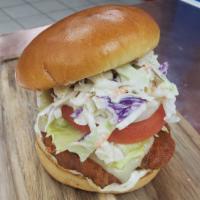  Buffalo Chicken Sandwich · Grilled or breaded chicken with Buffalo sauce, pickles, ranch, lettuce, tomato & purple onio...