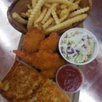 Shrimp Dinner · Five Pieces of Butter Fly Shrimp Served with Fries, Cole Slaw & Garlic Bread.  Includes Two ...