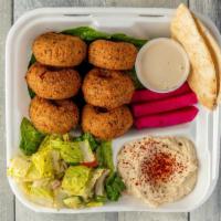 6 Piece Falafel Plate · Falafel, comprised of a blend of chickpeas, fava beans, garlic, and spices formed into patti...