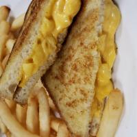 Mac Daddy GrillCheese · Macaroni cheese inside. Served with fries.