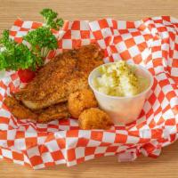 Catfish Fillets · Includes fries, Texas toast, pickles, peppers and Bulleez tartar sauce and a drink