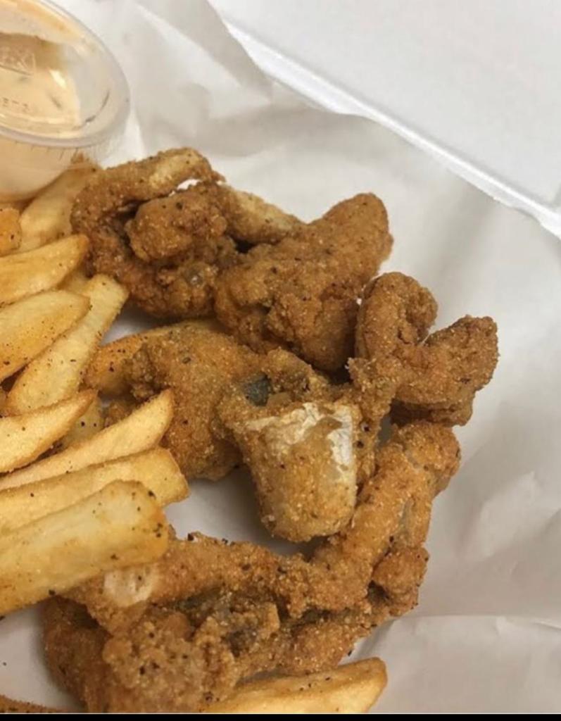 Catfish Nuggets · Includes fries, Texas toast, pickles, peppers and bulleez tartar sauce.

Make it a combo - add drink for $1.50