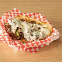 Philly cheesesteak/Chicken Philly Fries · Your choice beef or chicken philly cheesesteak,  peppers, onions, provolone cheese and bulle...