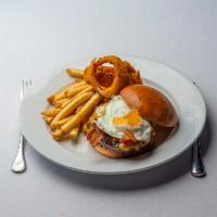 Cypress Burger · Applewood bacon, cheddar, sunny side up egg, Jack Daniels spiced ketchup, beer battered onio...