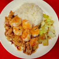 Teriyaki Chicken & Shrimp with Broccoli · Stir fried shrimp with the authentic teriyaki sauce. Served with plain fried rice and steam ...