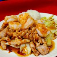 Teriyaki Shrimp with Broccoli · Stir fried shrimp with the authentic teriyaki sauce. Served with plain fried rice and steam ...