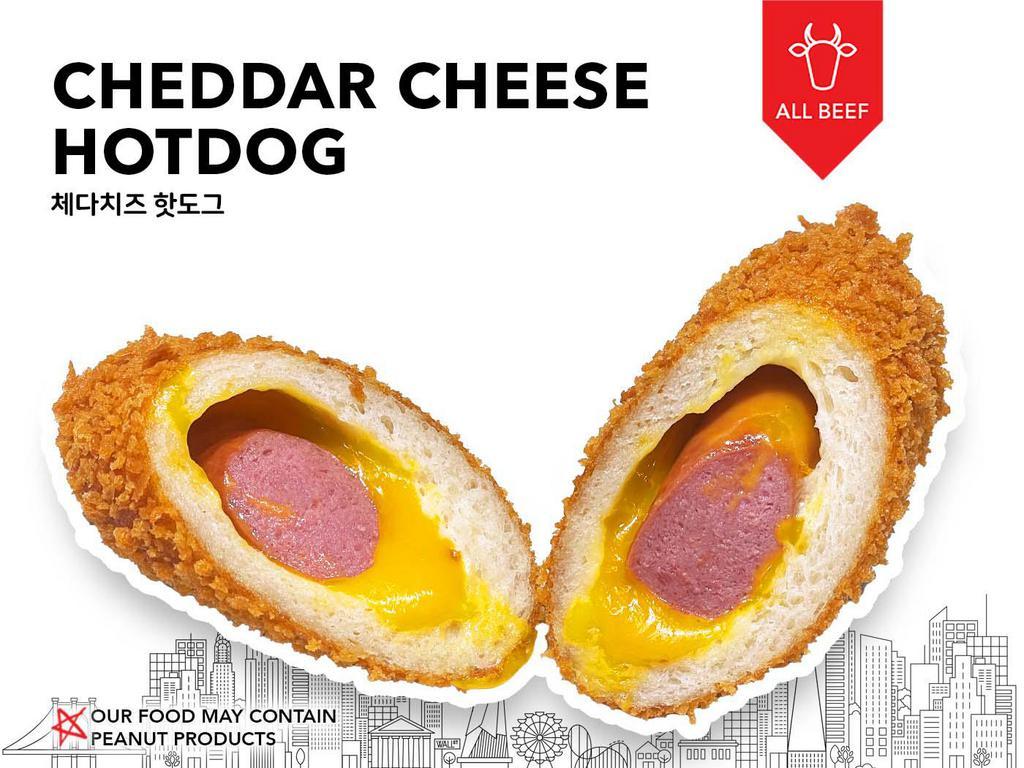 Cheddar Cheese Hotdog · All beef. A hot dog with sausage wrapped in creamy cheddar cheese.