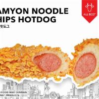 Ramyon Noodles Chips Hotdog · All beef. A unique crispy-fired ramen hotdog.
