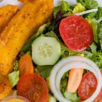 whiting fish salad  · SERVED WITH ONION,TOMATO,LATTUCE,CROUTONS,CARROTS,CUCUMBERS
DRESSING OF YOUR CHOICE 