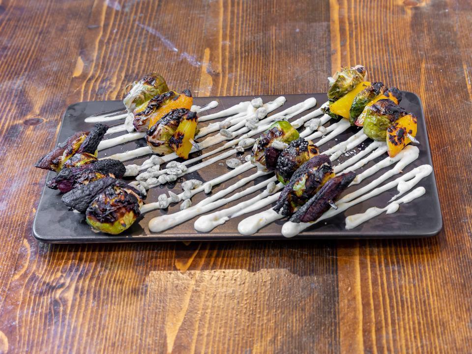 Roasted Vegetable Skewers · Roasted Carrots and brussel sprouts, vegan citrus Aioli, pumpkin seed and sunflower seed brittle GLUTEN FREE and VEGAN