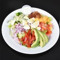 Cobb Salad · Lettuce, tomato, red onion, avocado, peppers, bacon, cheddar cheese, boiled egg, choice of d...