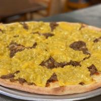 Philly Cheesesteak Pizza · Sirloin steak, sauteed onions smothered with yellow American cheese.
