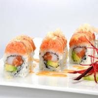 Valentine Roll · Salmon, crabmeat and avocado inside, topped with spicy tuna, crunch and spicy mayo.