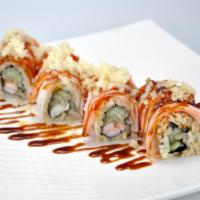 Little Mermaid Roll · Spicy shrimp and cucumber inside, topped with kani, crunch and eel sauce.
