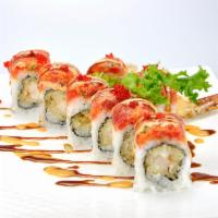 Angel Roll · Shrimp tempura and cucumber inside, topped with spicy tuna, caviar, crunchy flakes eel sauce...