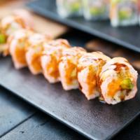 Pink Lady Roll · Spicy salmon, shrimp tempura, avocado, cucumber and caviar, wrapped in pink soy paper, spicy...