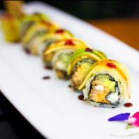 Scorpion King Roll · Soft shell crab, eel, cucumber and caviar, topped with avocado, mango and eel sauce. 