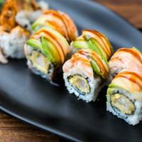 Ebi Ebi Roll · Shrimp tempura and cucumber inside, topped with cooked shrimp, avocado, spicy mayo and eel s...