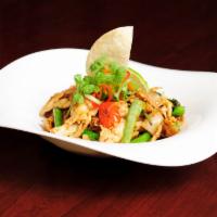 Drunken Noodle · Stir fried wide noodles with egg, basil, onion, carrot, bell pepper, string beans in a chili...