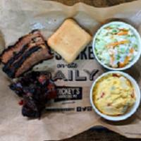 Competition Plate · Brisket Burnt ends, smoked brisket, 2 sides and roll
