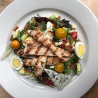 CLASSIC COBB SALAD · Mixed Greens, Grilled Chicken, Bacon, Blue Cheese, Tomato, Avocado, Hardboiled Egg, House Vi...