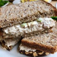 TUNA SALAD SANDWICH · Albacore Tuna, Hard Boiled Egg, Celery, Mayo on 7 Grain Bread.  Please note this item contai...