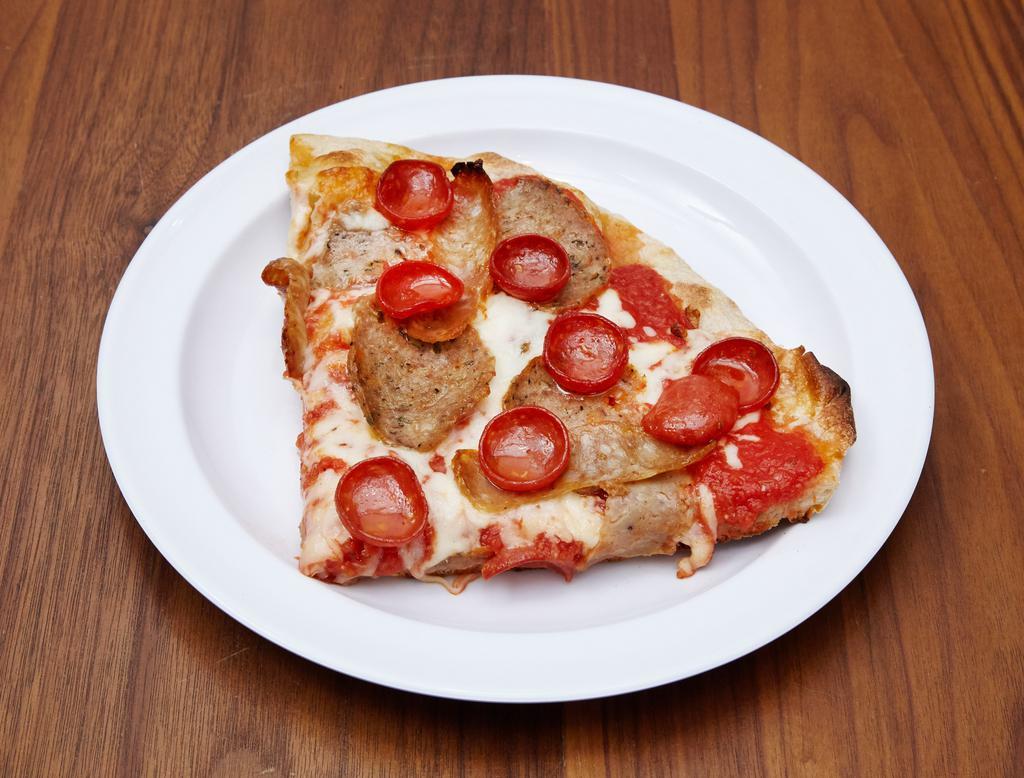 Meat Lover's Pizza Slice · Tomato, mozzarella, sweet sausage, pepperoni and meatball.