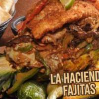 La Hacienda Fajitas for One · 6 meats, steak, chicken, shrimp, pork, Mexican sausage and tilapia fish cooked with onions, ...