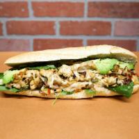 Cheesy Grilled Chicken Breast Sandwich · Grilled chicken, pepper, onion, spinach, avocado and spicy mayo.