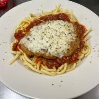 Chicken Parmesan Pasta · Our Spaghetti smothered in Marinara and topped with Italian Breaded Chicken Breast with melt...