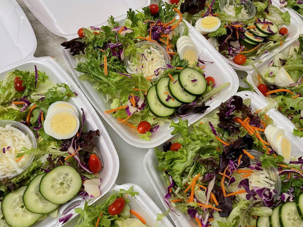 Fresh Garden Salad · All of our salads have iceberg and spring mix lettuce, carrots, cabbage, tomato, cucumber and eggs.  Comes with your choice of Dressing.