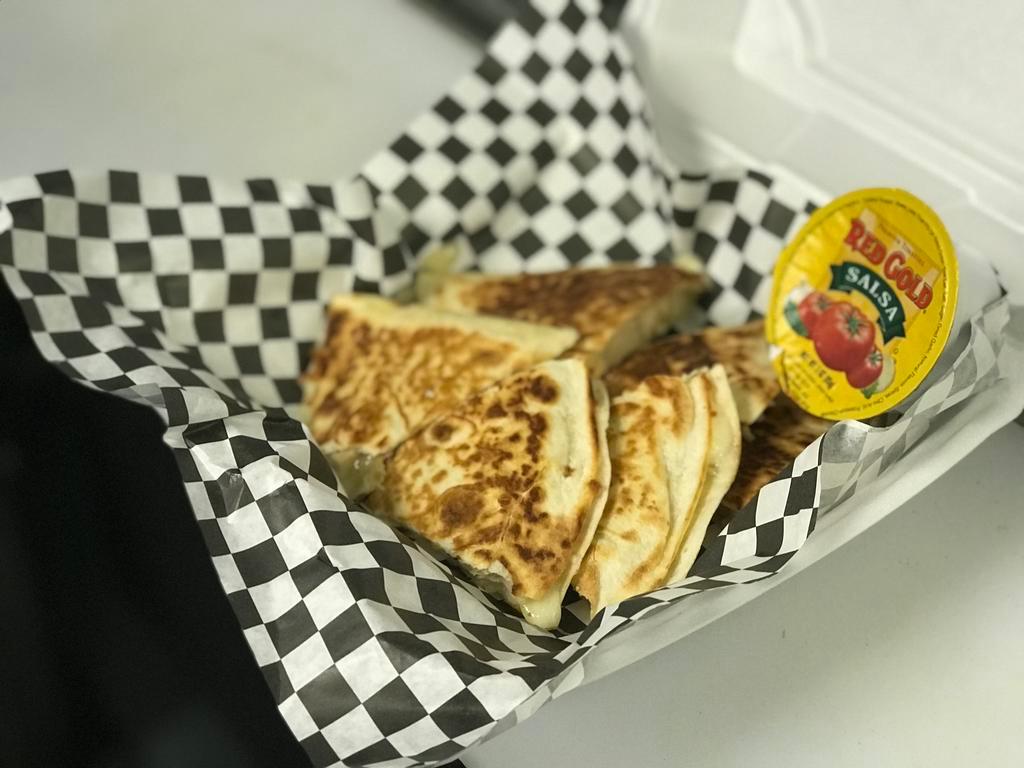Cheese Quesadilla's · 1- 12 inch tortilla cut in fourth's. Our quesadilla’s are made with a Monterey Jack cheese blend served with salsa. You can also add chicken, bacon, or spicy cheeses below.