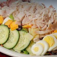 Chef Salad · Fresh greens, ham, turkey,, swiss, cheddar, cucumbers, tomatoes, black olives, onions, mushr...