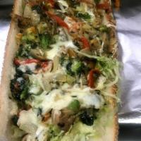 Vegetarian Hoagie Meal · Topped with spinach, broccoli, tomato, mushroom, fried onion, roasted pepper, lettuce, garli...