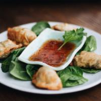 Veggie Fried Dumplings (5 pieces) · Sauteed Spinach, Roasted Corn, Bell Peppers