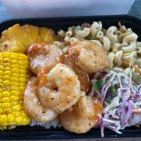 Garlic Shrimp · Jumbo shrimp sautéed in garlic butter and spices, Rice, Mac salad, and Coleslaw 