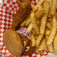 3. One Slider and 1 Chicken Tender  Combo · Sliders come with coleslaw, pickles  and our Fuego sauce. Served with fries.
